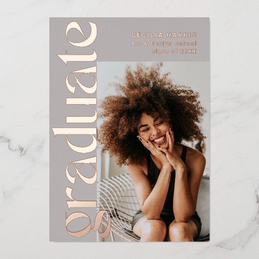 卒業モダンバラ金ゴールド写真卒業フォイル 箔招待状 (正面)