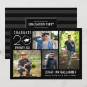 卒業モダンパーティブラック4フォトコラージュ 招待状 (正面/裏面)