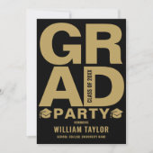 卒業モダンパーティー写真ブラックと金ゴールド 招待状 (正面)