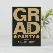 卒業モダンパーティー写真ブラックと金ゴールド 招待状 (スタンド正面)