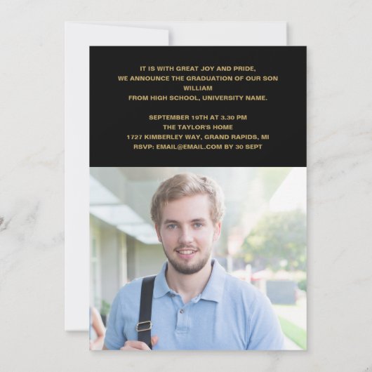 卒業モダンパーティー写真ブラックと金ゴールド 招待状 (裏面)