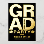 卒業モダンパーティー写真ブラックと金ゴールド 箔招待状 (正面)