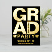 卒業モダンパーティー写真ブラックと金ゴールド 箔招待状 (立ち正面)