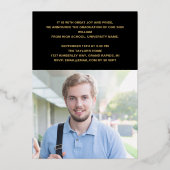 卒業モダンパーティー写真ブラックと金ゴールド 箔招待状 (裏面)