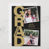 卒業モダンパーティー3フォトブラックと金ゴールド 招待状 (正面)