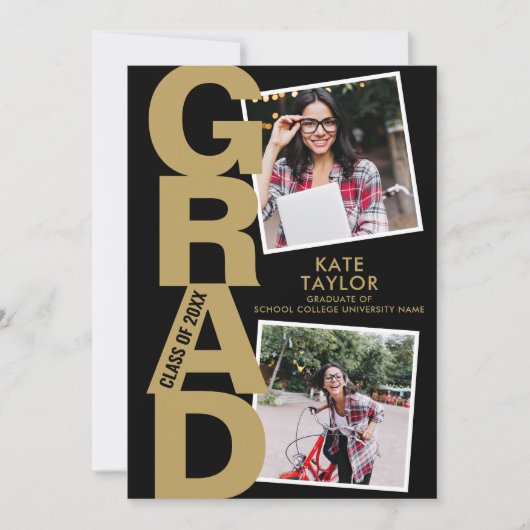 卒業モダンパーティー3フォトブラックと金ゴールド 招待状 (正面)