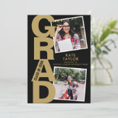 卒業モダンパーティー3フォトブラックと金ゴールド 招待状 (スタンド正面)