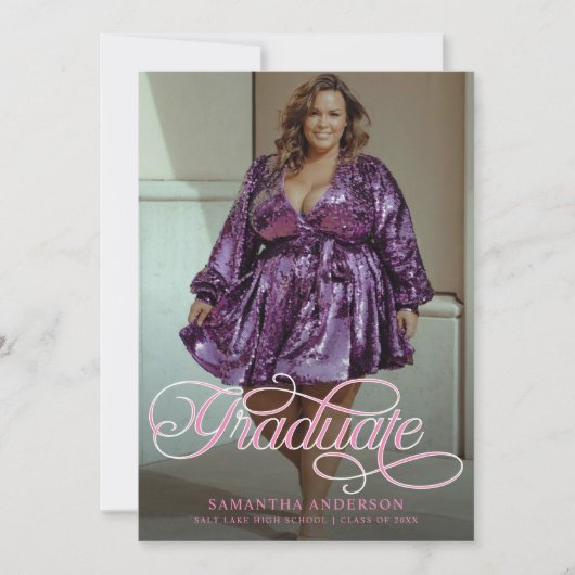 卒業モダンピンク2枚の写真卒業パーティー 招待状 (正面)