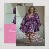 卒業モダンピンク2枚の写真卒業パーティー 招待状 (正面/裏面)