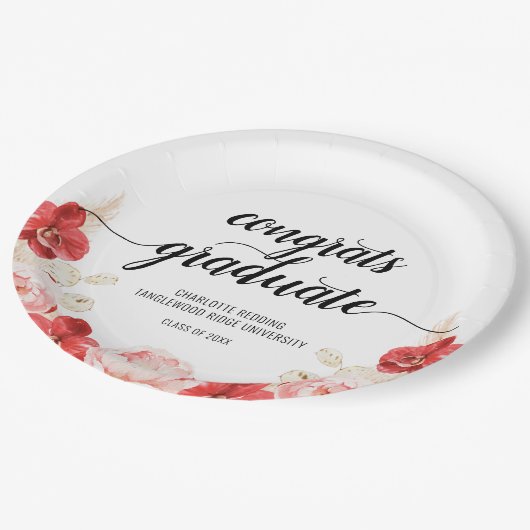 卒業モダンフローラスクリプト型パーティー紙 ペーパープレート (アングル)
