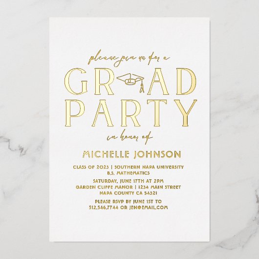 卒業モダンブラックスクリプトタイポグラフィ |写真 箔招待状 (正面)