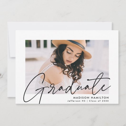 卒業モダンブラックスクリプト写真卒業 案内状 (正面)