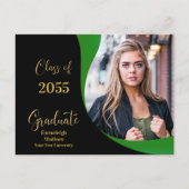 卒業モダンブラック/グリーンウェーブフォト 案内ポストカード (正面)