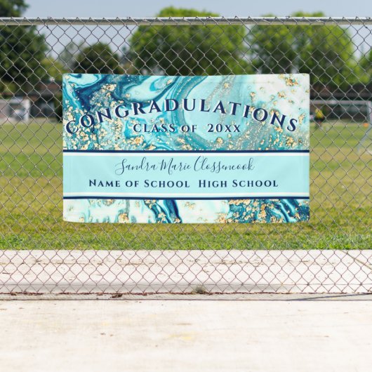 卒業モダンブルーマーブルスワール金ゴールドグリッター 横断幕 (インサイチュ)