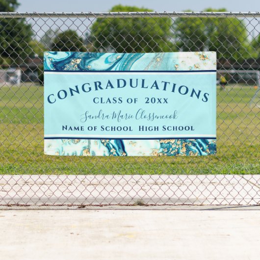 卒業モダンブルーマーブルスワール金ゴールドグリッターB 横断幕 (インサイチュ)