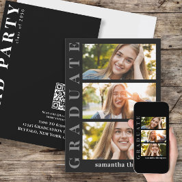 卒業モダンミニマル3枚フォトQRコード 招待状