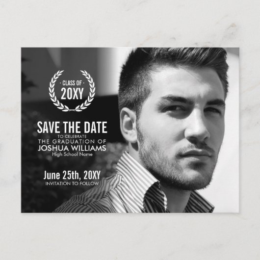 卒業モダンリース写真の保存日付 案内ポストカード (正面)