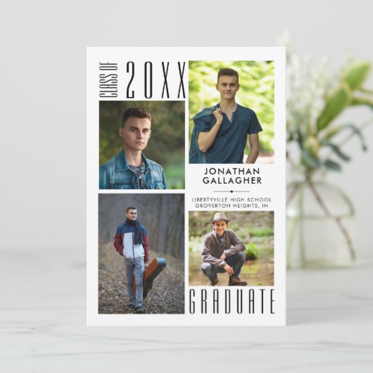 卒業モダン写真お洒落コラージュ 案内状 (スタンド正面)