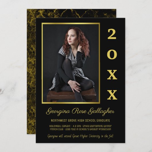 卒業モダン写真シンプル金ゴールドブラック 案内状 (正面/裏面)