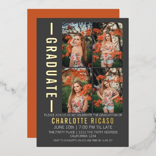 卒業モダン写真テンプレートパーソナライズされた 箔招待状 (正面/裏面)