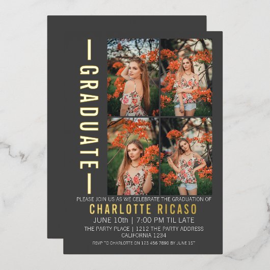 卒業モダン写真テンプレートパーソナライズされた 箔招待状 (正面/裏面)