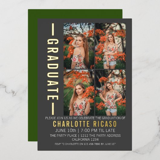 卒業モダン写真テンプレートパーソナライズされた 箔招待状 (正面/裏面)