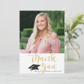 卒業モダン感謝スクリプト写真のフェイク金ゴールド サンキューカード (スタンド正面)
