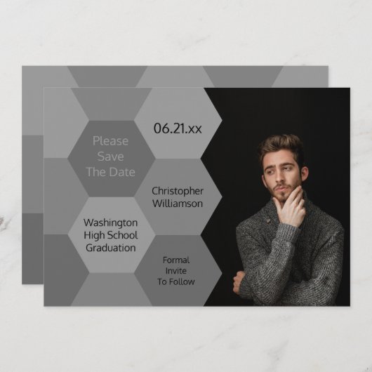 卒業モダン抽象芸術グレー保存日付 招待状 (正面/裏面)