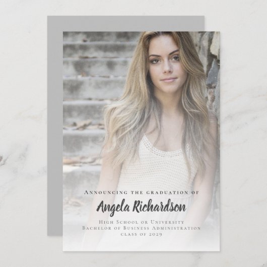 卒業モダン木炭のスクリプト写真 案内状 (正面/裏面)