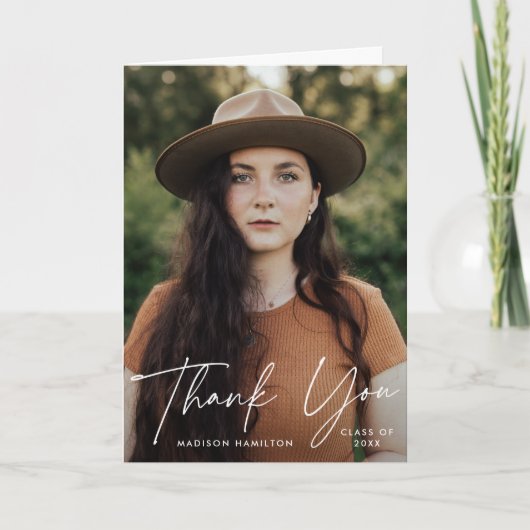 卒業モダン白スクリプト写真卒業 サンキューカード (正面)