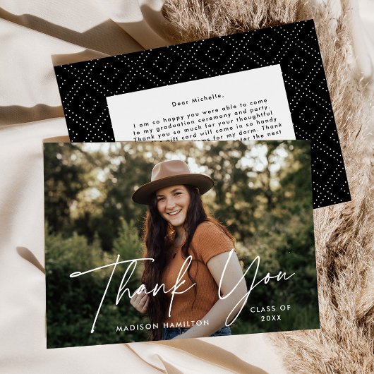 卒業モダン白スクリプト写真卒業 サンキューカード