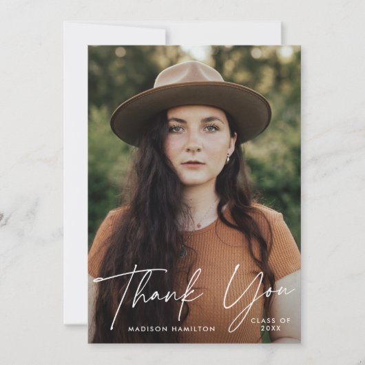 卒業モダン白スクリプト写真卒業 サンキューカード (正面)