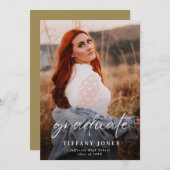 卒業モダン白スクリプト写真卒業 案内状 (正面/裏面)