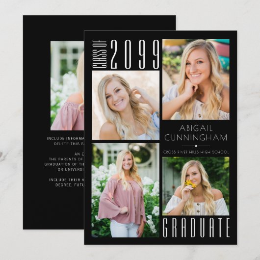 卒業モダン白黒5写真 案内状 (正面/裏面)