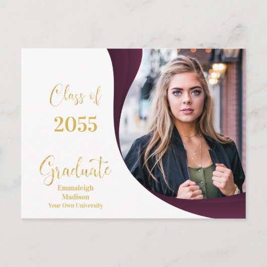 卒業モダン白/マルーン波の写真 案内ポストカード (正面)