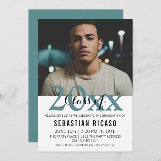 卒業モダン科パーソナライズされたティール（緑がかった色） 招待状 (正面/裏面)