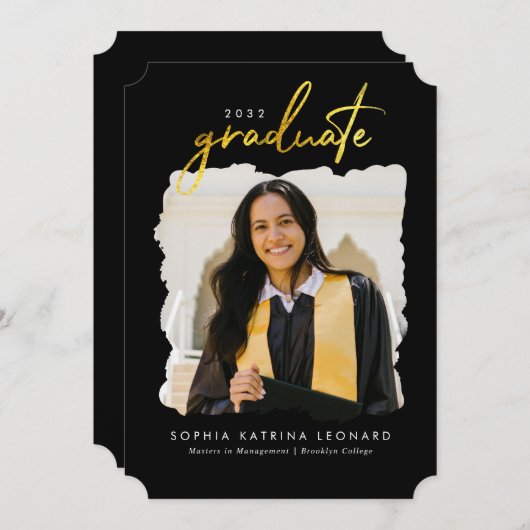 卒業モダン筆スクリプト金ゴールド写真卒業 案内状 (正面/裏面)