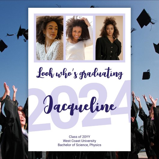 卒業モダン紫色のスクリプトフォトコラージュ 招待状