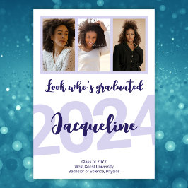 卒業モダン紫色のスクリプトフォトコラージュ 案内状