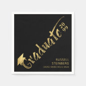 卒業モダン金ゴールドブラシストローク名ブラック スタンダードカクテルナプキン (正面)