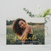 卒業モダン金ゴールド台本卒業パーティー写真 箔招待状 (立ち正面)