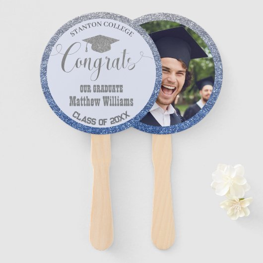 卒業モダン青・銀卒業写真 ハンドファン (正面&裏面)