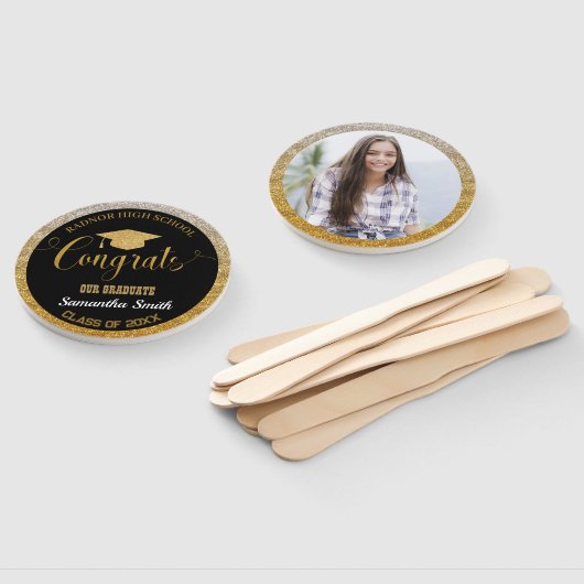 卒業モダン黒・金ゴールド大学院写真 ハンドファン (組立なし)