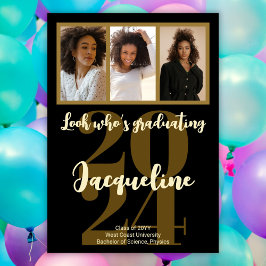 卒業モダン2025金ゴールドスクリプトフォトコラージュ 招待状