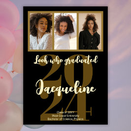 卒業モダン2025金ゴールドスクリプトフォトコラージュ 案内状