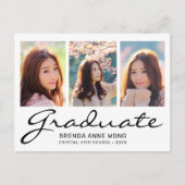 卒業モダン3フォトコラージュ黒スクリプト 案内ポストカード (正面)