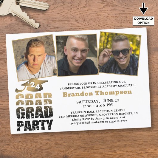 卒業モダン3写真黒金ゴールドグラデーション 招待状