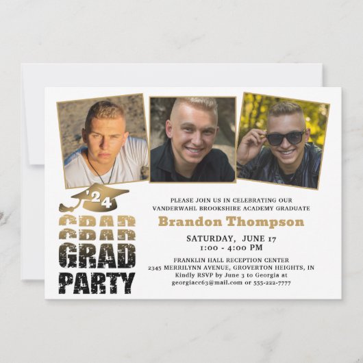 卒業モダン3写真黒金ゴールドグラデーション 招待状 (正面)