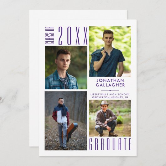 卒業モダン4フォトコラージュ紫 案内状 (正面/裏面)