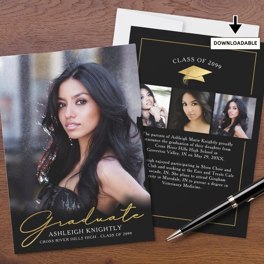 卒業モダン4写真手書きスクリプトブラック 案内状